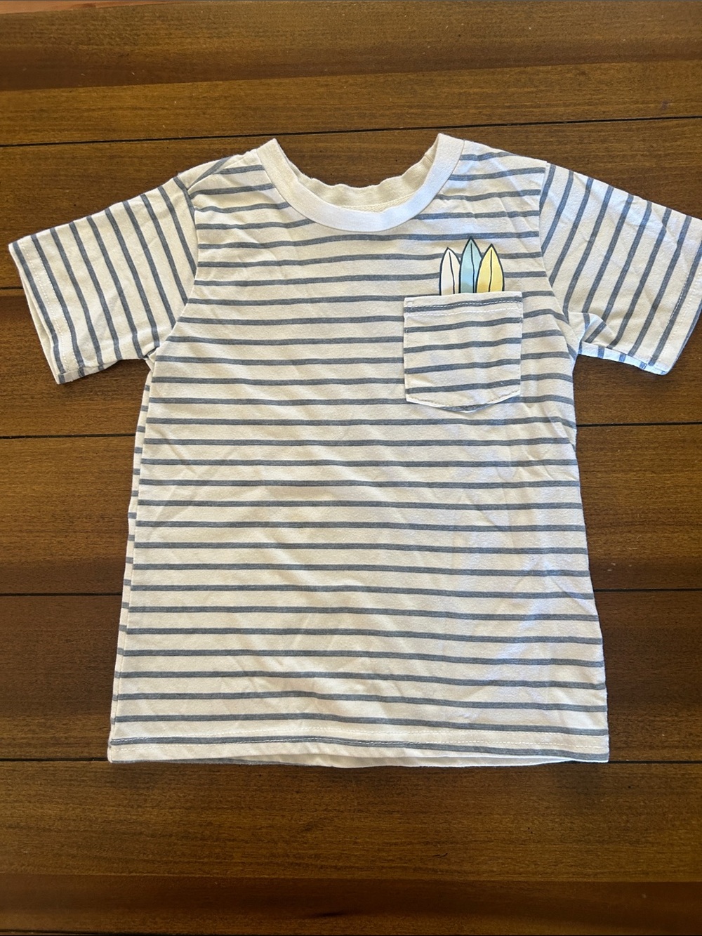 Kids Blue & White Striped Pocket Tee with Surfboard Graphic